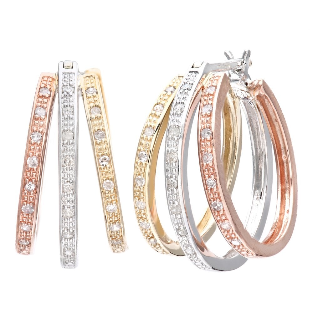 9ct Tri Colour Gold 0.20 Carat Natural Diamond Small Hoop Earrings