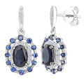 Round-Oval Natural Blue Sapphire and Diamond Cluster Drop Earrings in 9ct White Gold