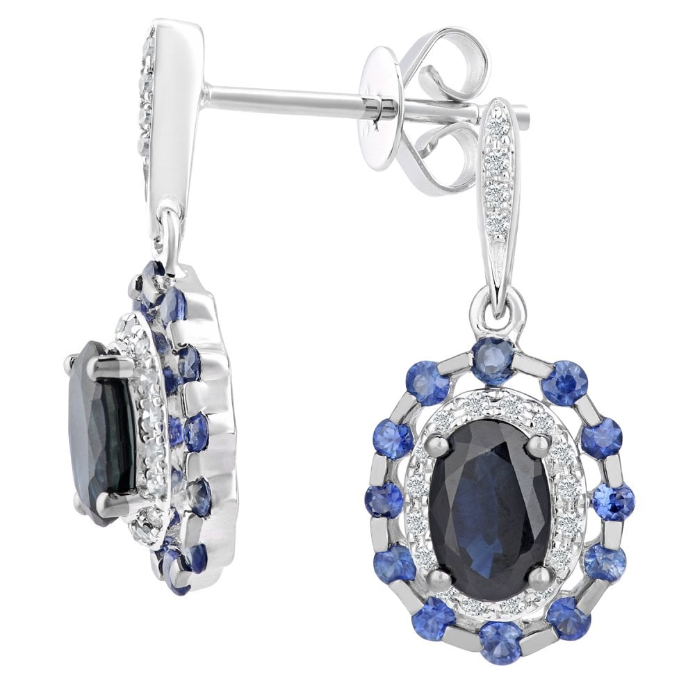 Round-Oval Natural Blue Sapphire and Diamond Cluster Drop Earrings in 9ct White Gold