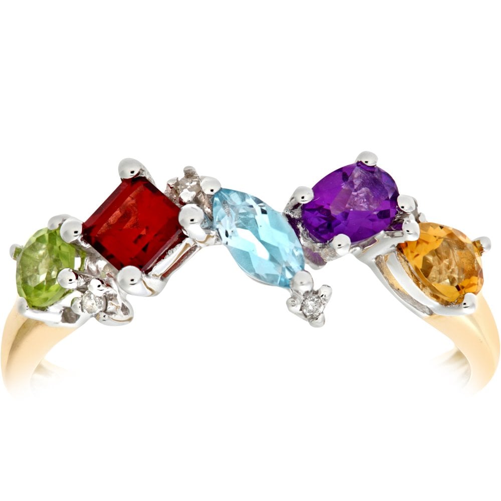 9ct Yellow Gold 0.02ct Diamond and Multi Gem Stone Ring