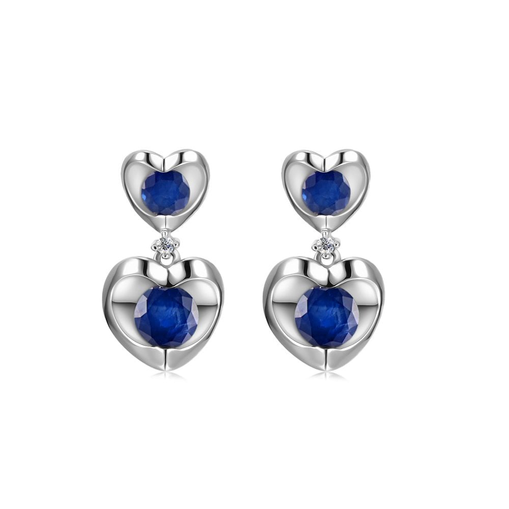 1.06 Ct Round Natural Blue Sapphire and Diamond Heart Drop Earrings in 9ct White Gold
