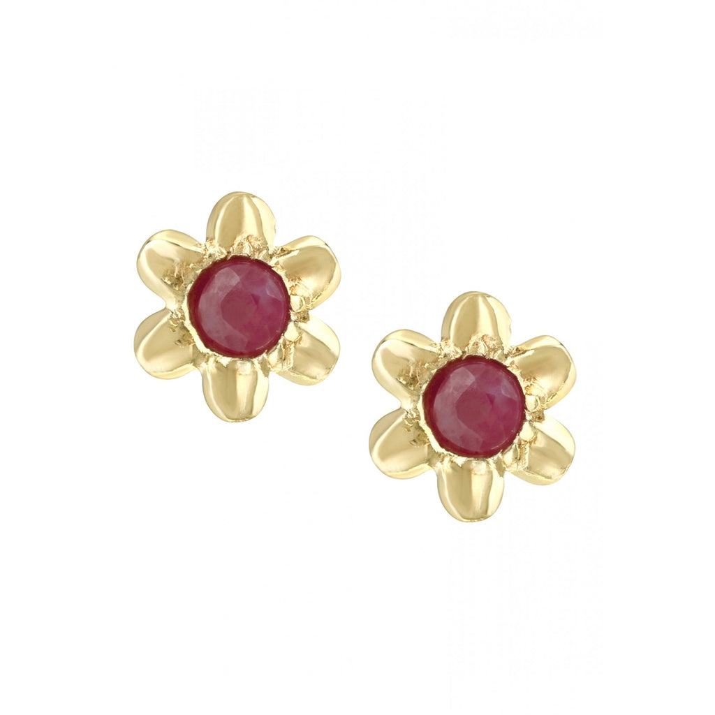 Round Ruby Flower Stud Earrings 9ct Yellow Gold | Prime Jewellery