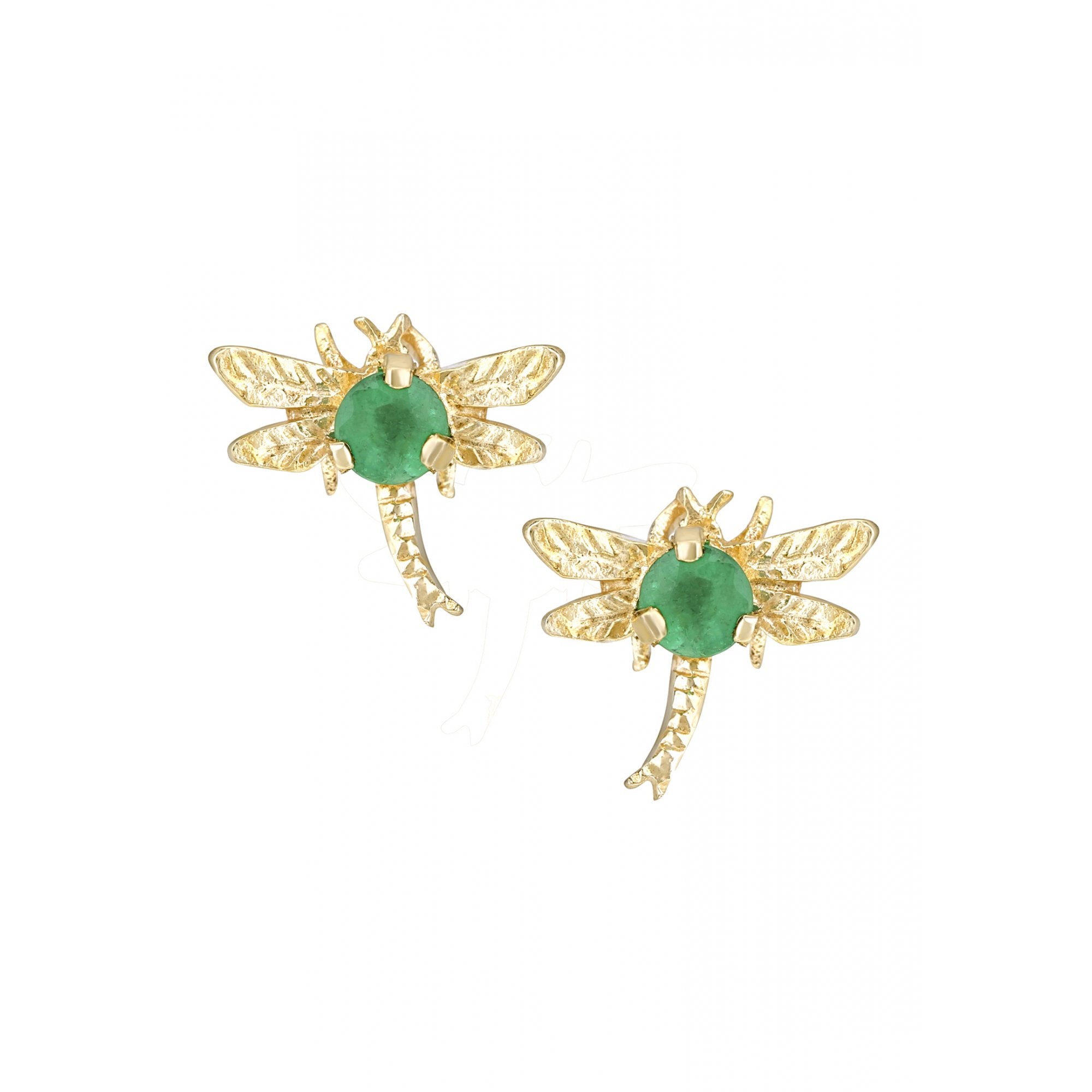 9ct Yellow Gold Round Emerald Dragonfly Stud Earrings