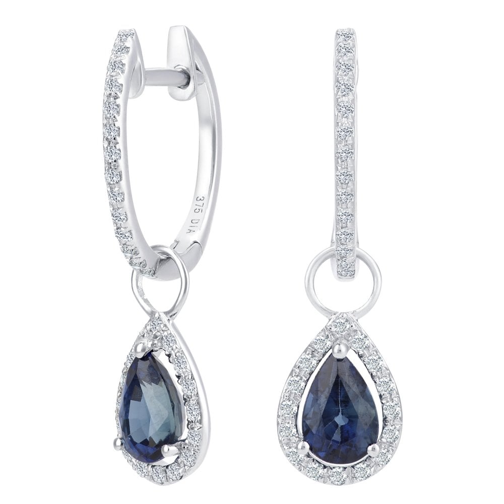 1.15 Ct Pear Natural Blue Sapphire and Diamond Drop Earrings in 9ct White Gold