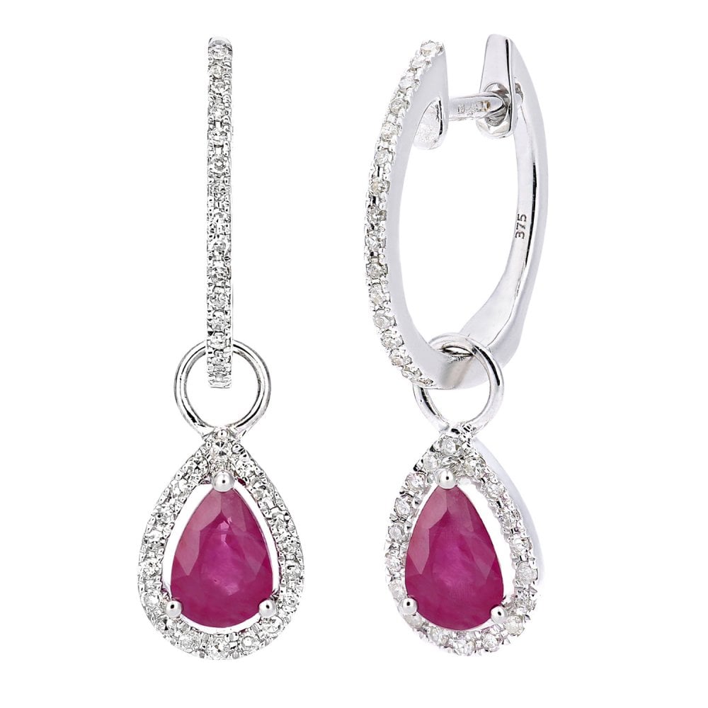 9ct White Gold Ruby Teardrop 0.20ct Diamond Earrings