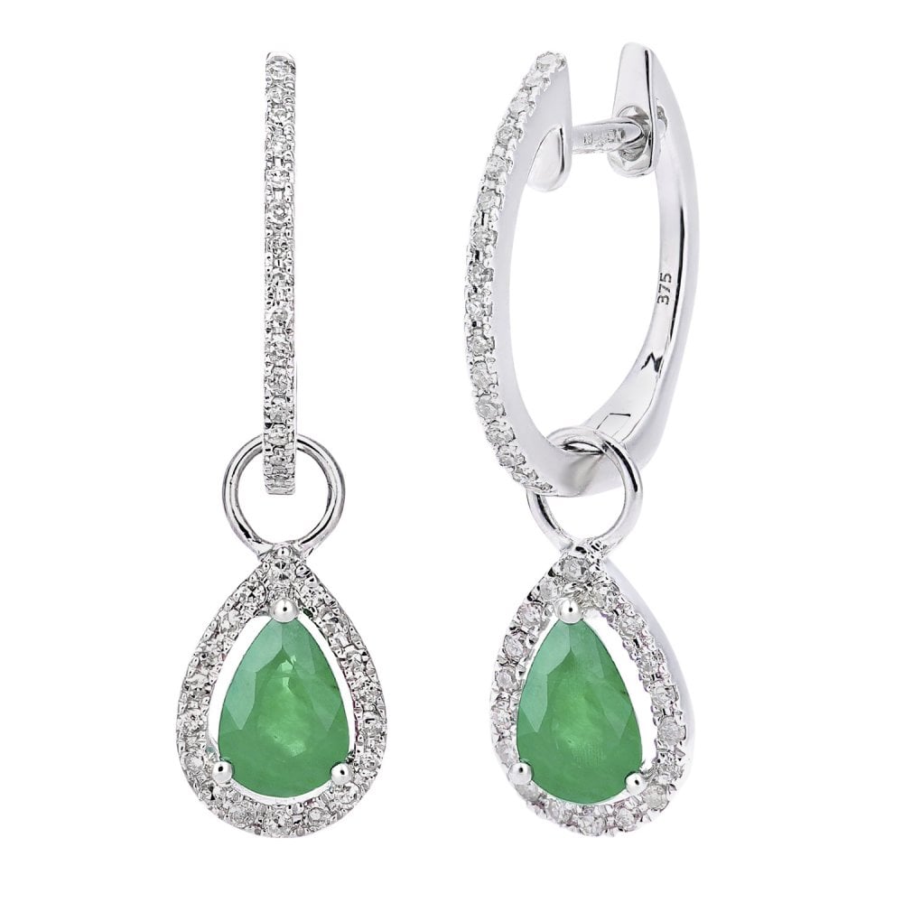9ct White Gold 0.70ct Pear Emerald & 0.20ct Diamond Teardrop Earrings