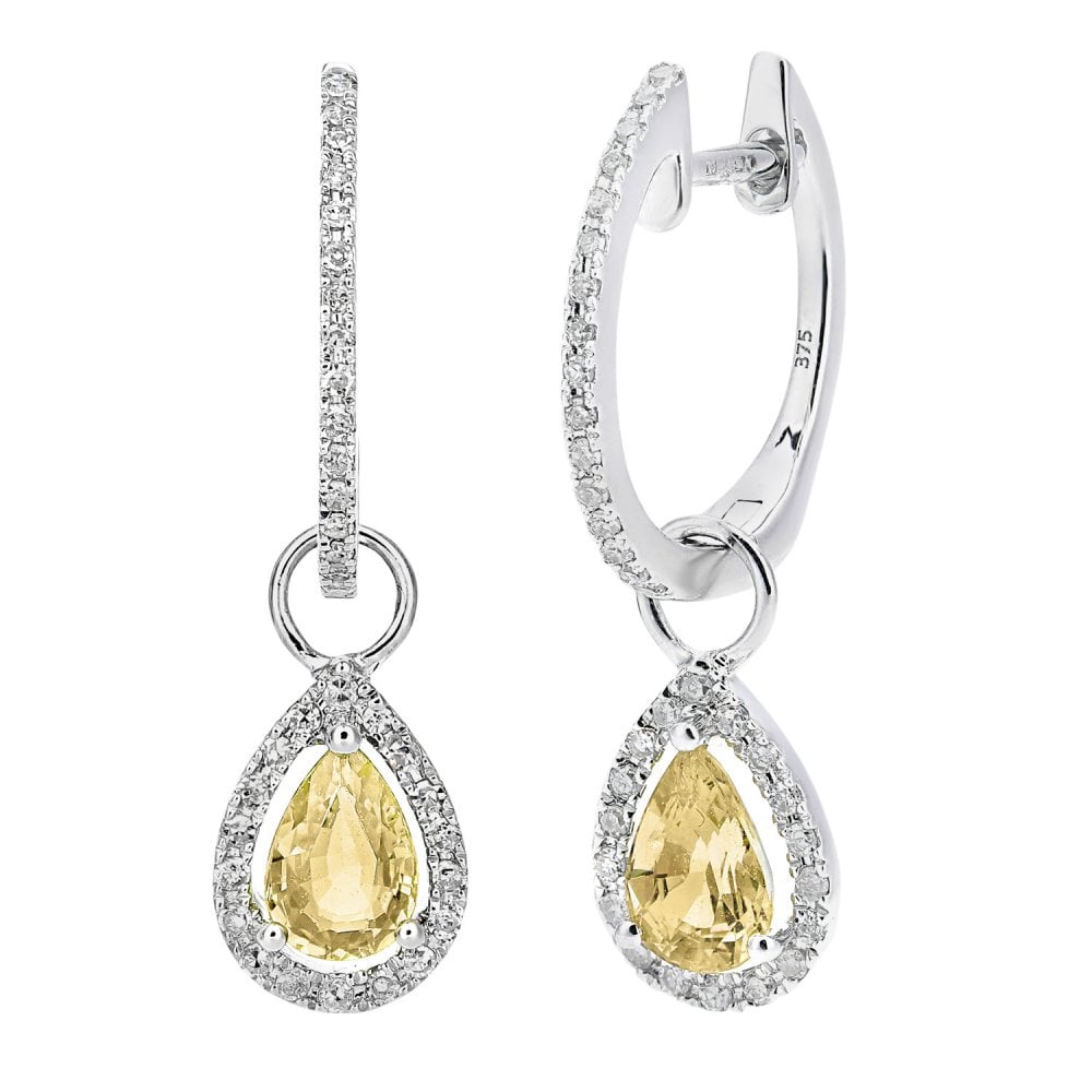 9ct White Gold Citrine Pear and Diamond Drop Earrings