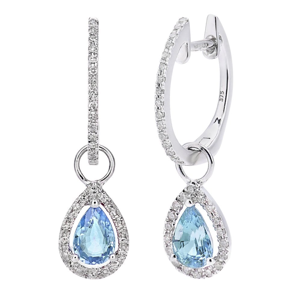 9ct White Gold 1 Carat Pear Swiss Blue Topaz and Genuine Diamond Drop Earrings