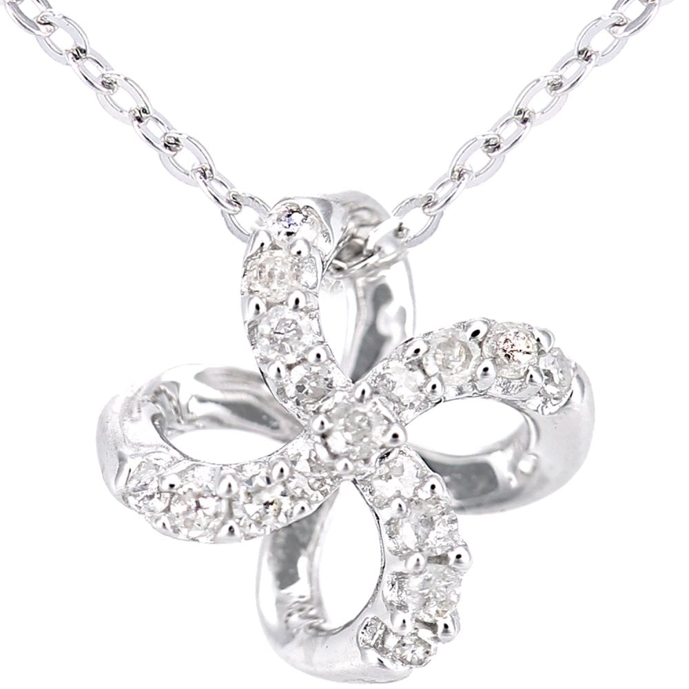 3d Clover 9ct White Gold Natural Diamond Necklace