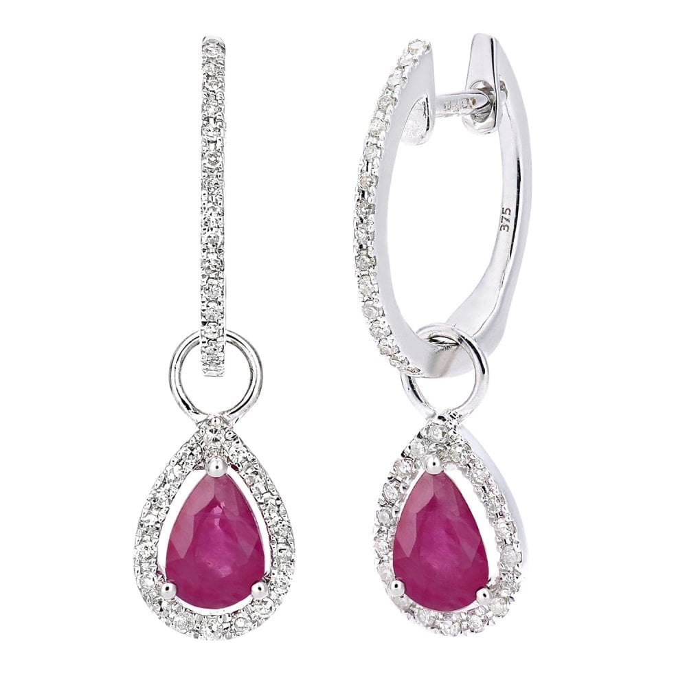 9ct White Gold Ruby Teardrop 0.20ct Diamond Earrings