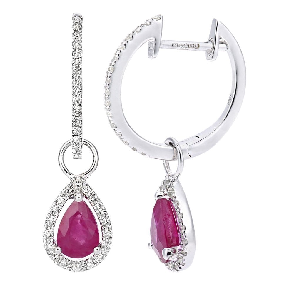 9ct White Gold Ruby Teardrop 0.20ct Diamond Earrings