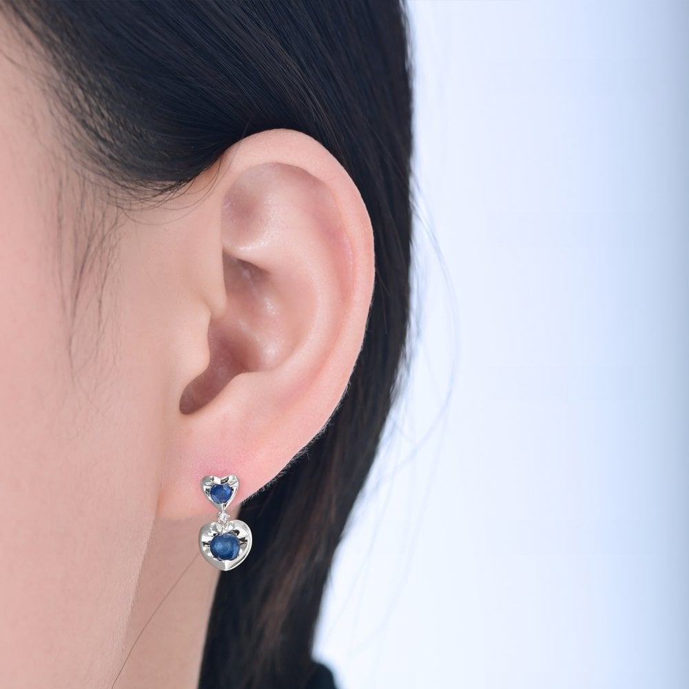 1.06 Ct Round Natural Blue Sapphire and Diamond Heart Drop Earrings in 9ct White Gold