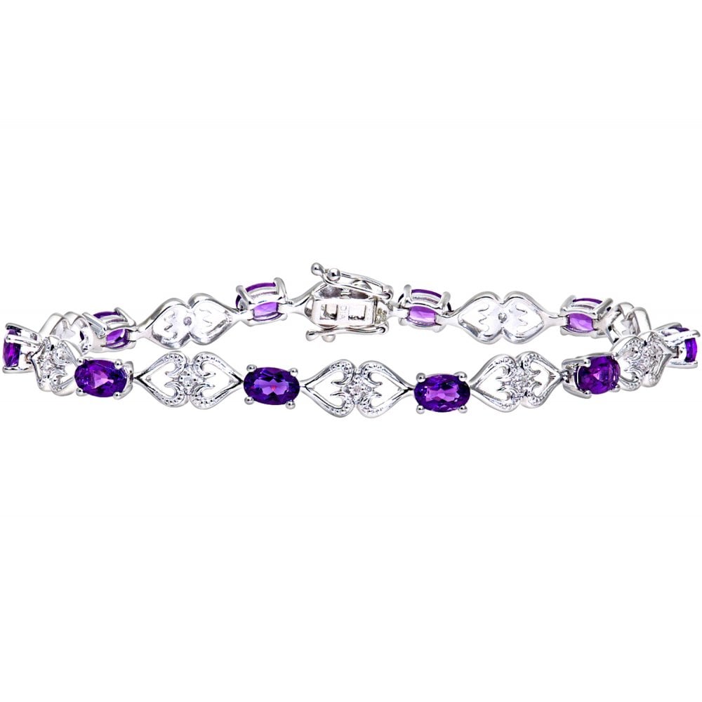9ct White Gold Oval Amethyst and Diamond Heart Bracelet