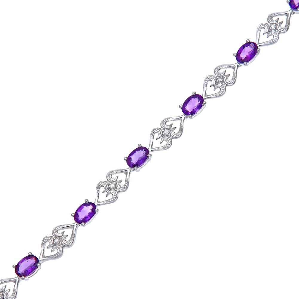 9ct White Gold Oval Amethyst and Diamond Heart Bracelet
