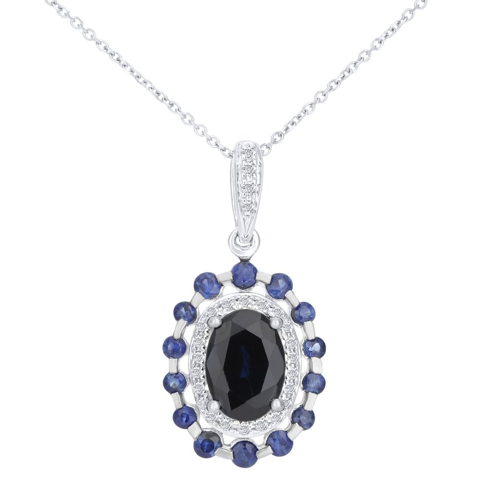 Blue Sapphire Halo Necklace 9ct White Gold | Prime Jewellery