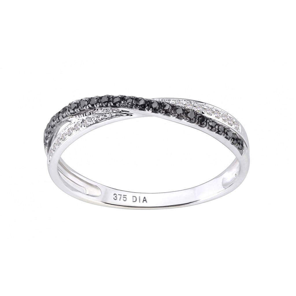 9ct White Gold 0.20 Carat Natural Black and White Diamond Criss Cross Band Ring, I1 H-I