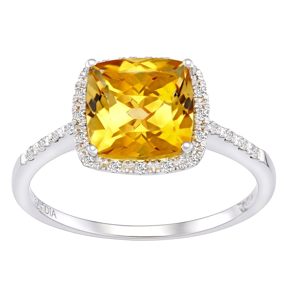 2 Carats Citrine Cushion and Diamond Halo Ring in 9ct White Gold