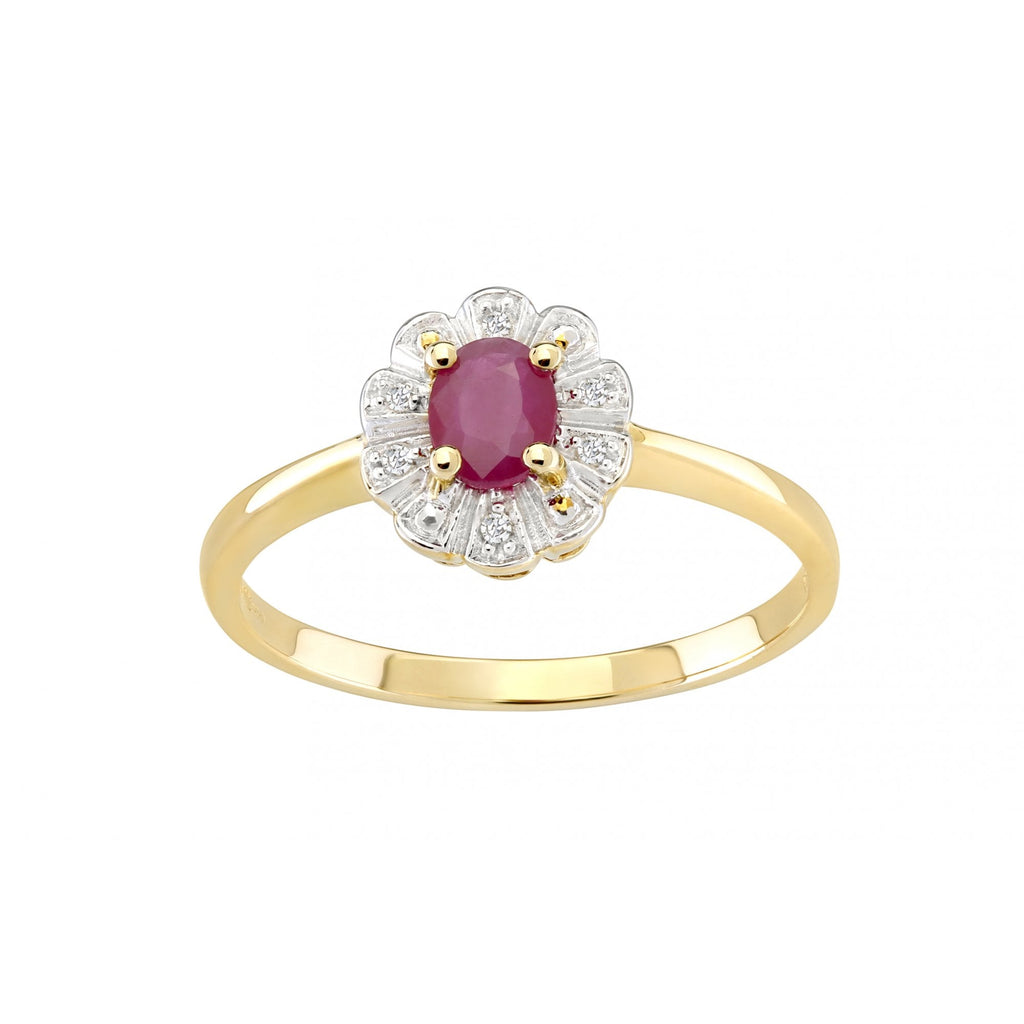 9ct Yellow Gold Ruby & 0.03ct Diamond Cluster Ring