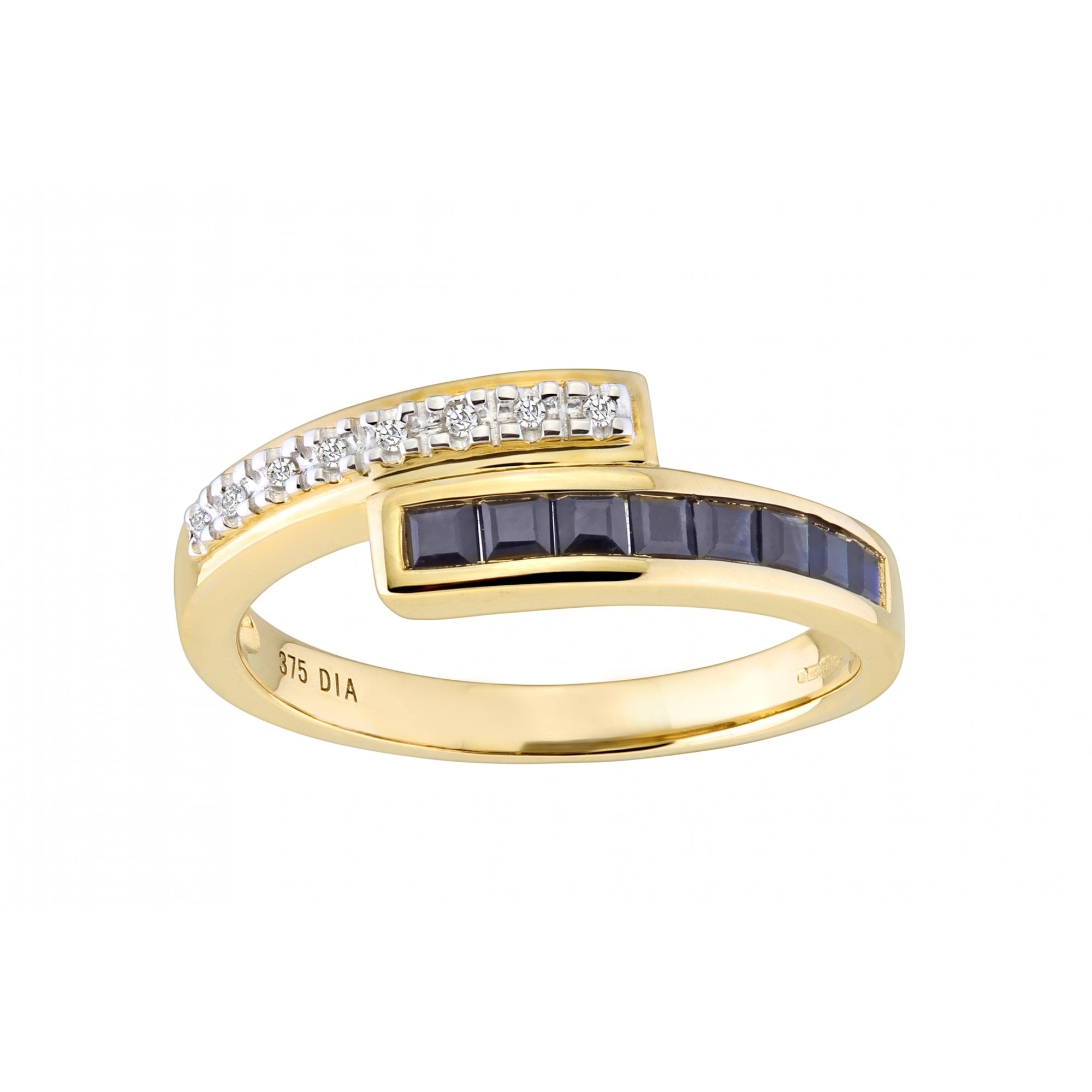 Princess Natural Blue Sapphire and Diamond Crossover Band Ring in 9ct Yellow Gold