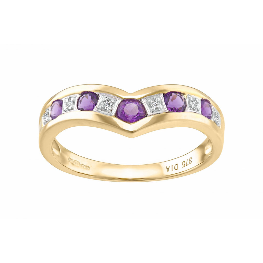 9ct Yellow Gold Amethyst & 0.02ct Diamond Wishbone Ring