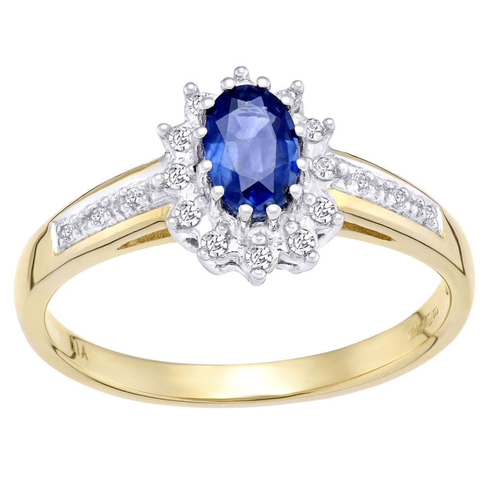 0.62 Ct Oval Natural Blue Sapphire and Diamond Victrian Halo Ring in 9ct Yellow Gold