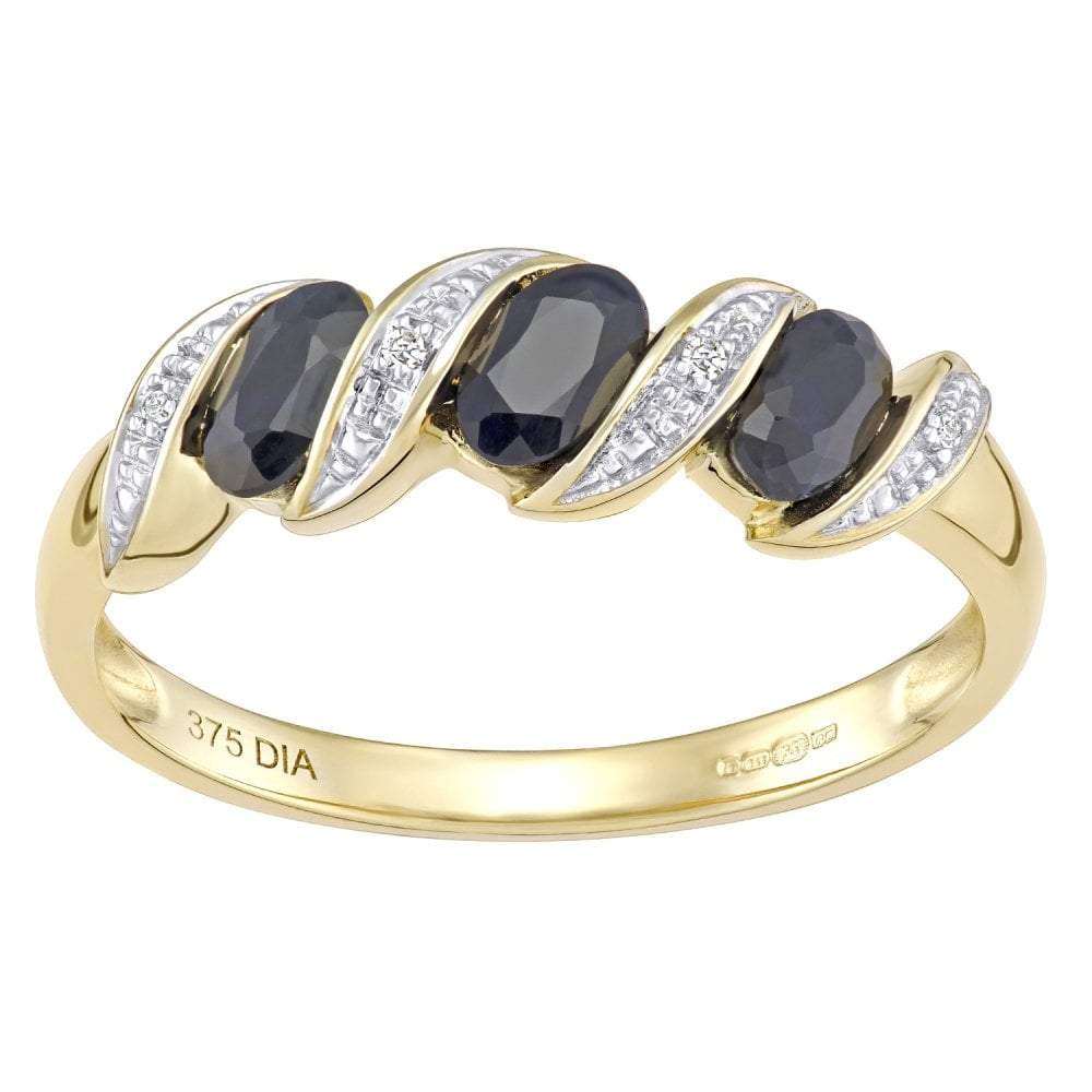 1.03 Ct Oval Natural Blue Sapphire and Diamond Infinity Trilogy Ring in 9ct Yellow Gold
