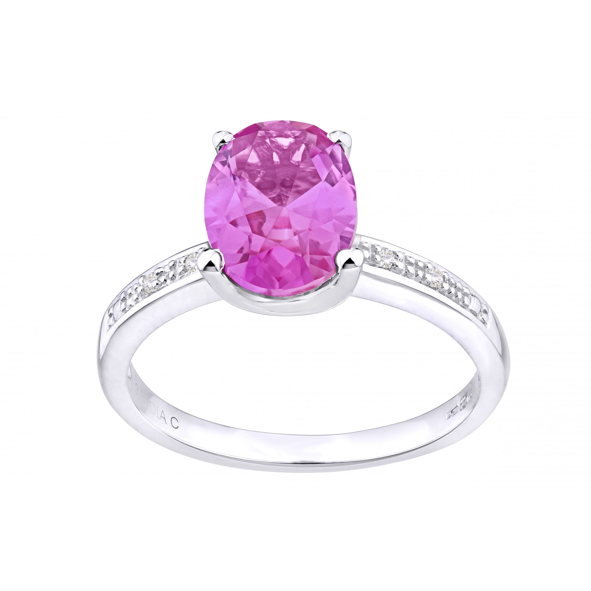9ct White Gold Single Stone Pink Sapphire with 0.03ct Diamond Collette and Shoulders Ladies Ring