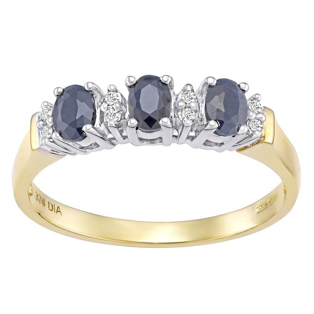 0.9 Ct Oval Natural Blue Sapphire and Diamond Trilogy Ring in 9ct Yellow Gold