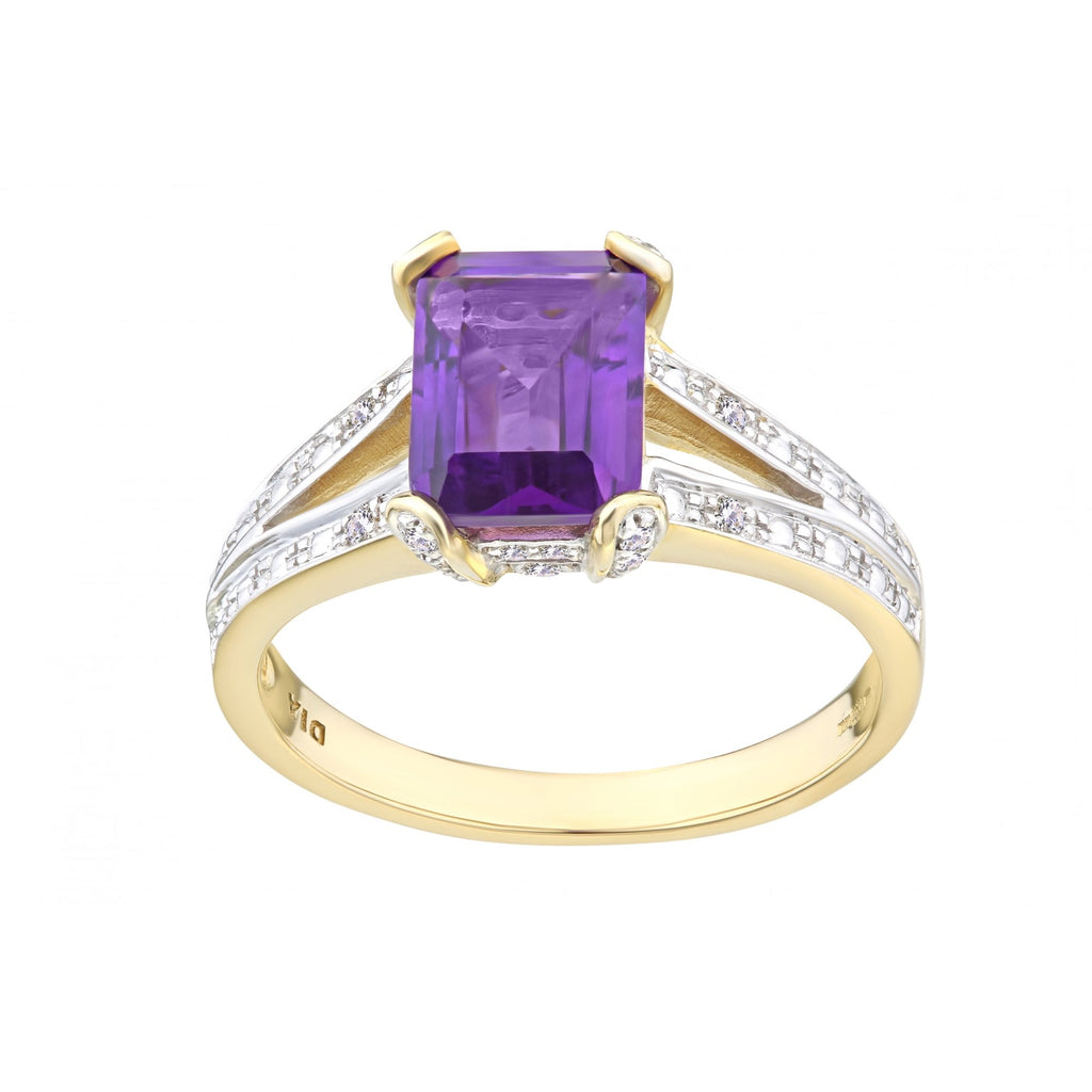9ct Yellow Gold Single Stone Amethyst with 0.13ct Diamond Set Collette and Shoulders Ladies Ring