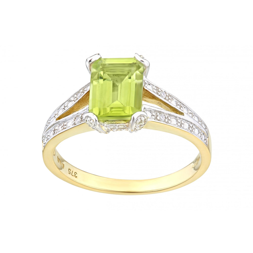 9ct Yellow Gold Single Stone Peridot with 0.13ct Diamond Set Collette and Shoulders Ladies Ring