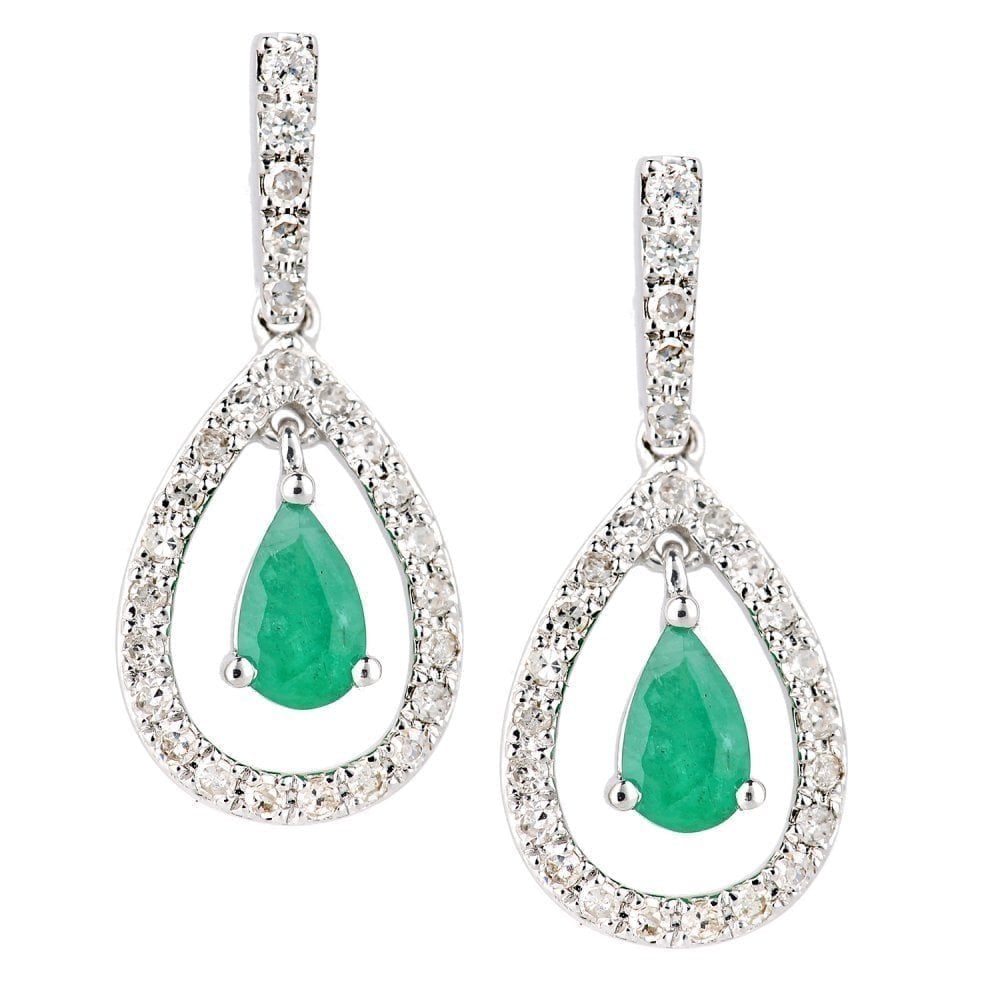 18ct White Gold 0.35ct Pear Emerald & 0.20ct Diamond Teardrop Earrings