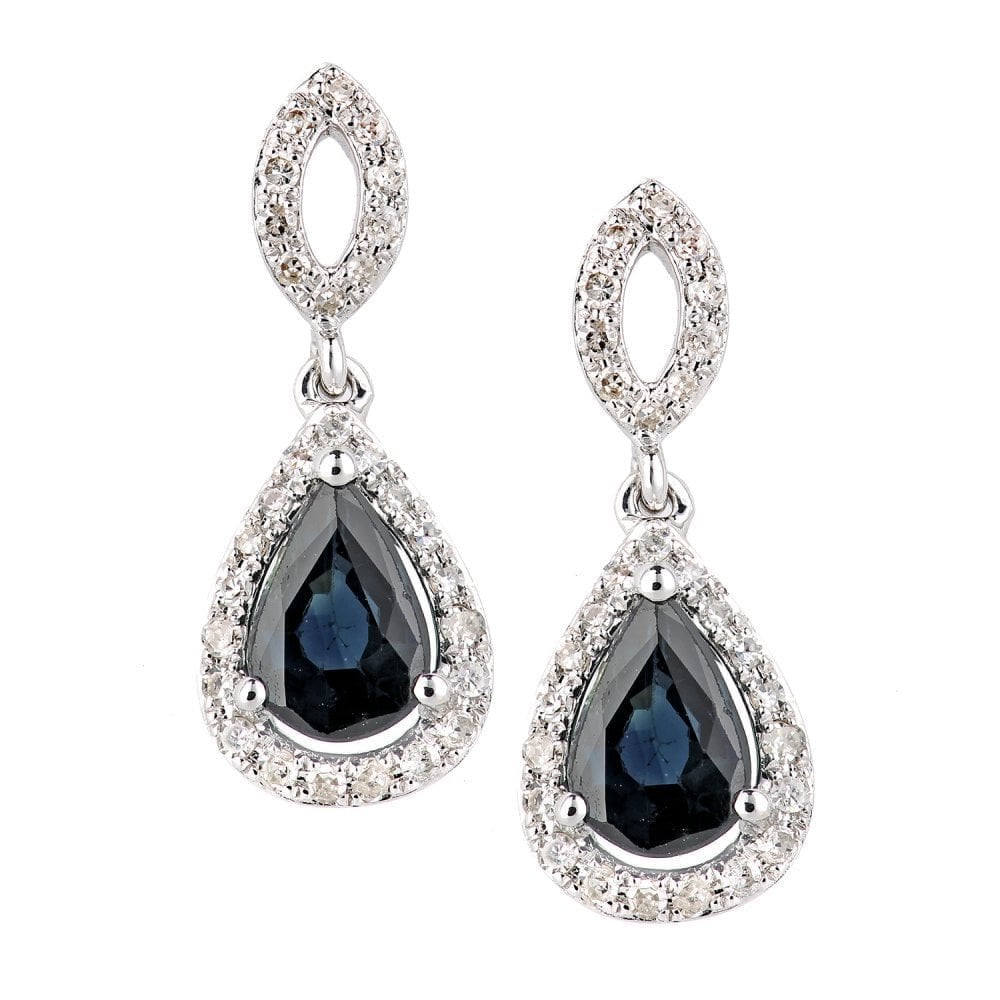1.12 Ct Pear Natural Blue Sapphire and Diamond Halo Drop Earrings in 18ct White Gold