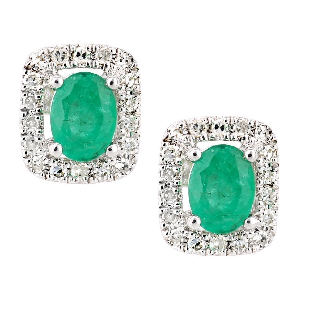 9ct White Gold 0.35ct Oval Emerald & 0.13ct Diamond Cluster Stud Earrings