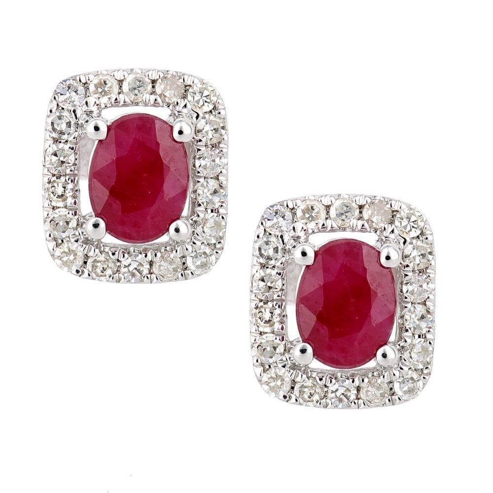 9ct White Gold Oval Ruby Cluster 0.13ct Diamond Stud Earrings