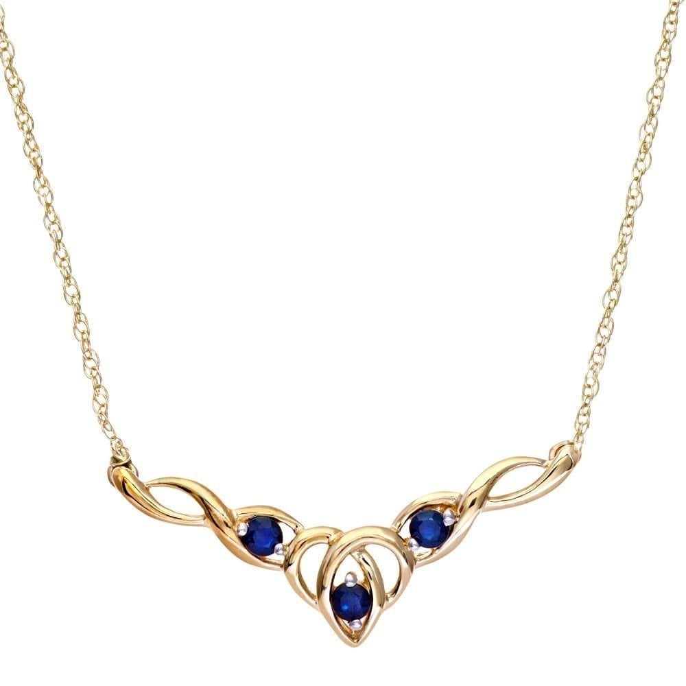 Natural Blue Sapphire and Diamond Trilogy Necklace in 9ct Yellow Gold