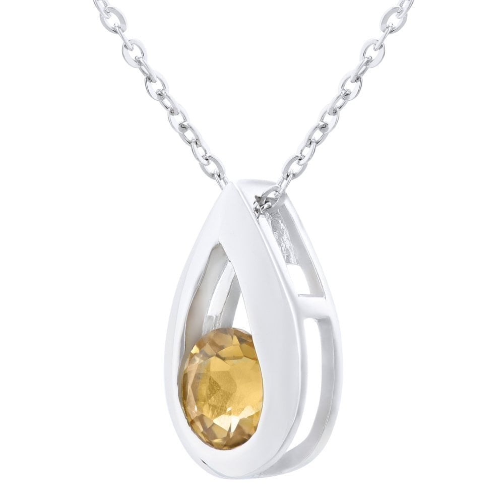 9ct White Gold Citrine Open Drop Necklace