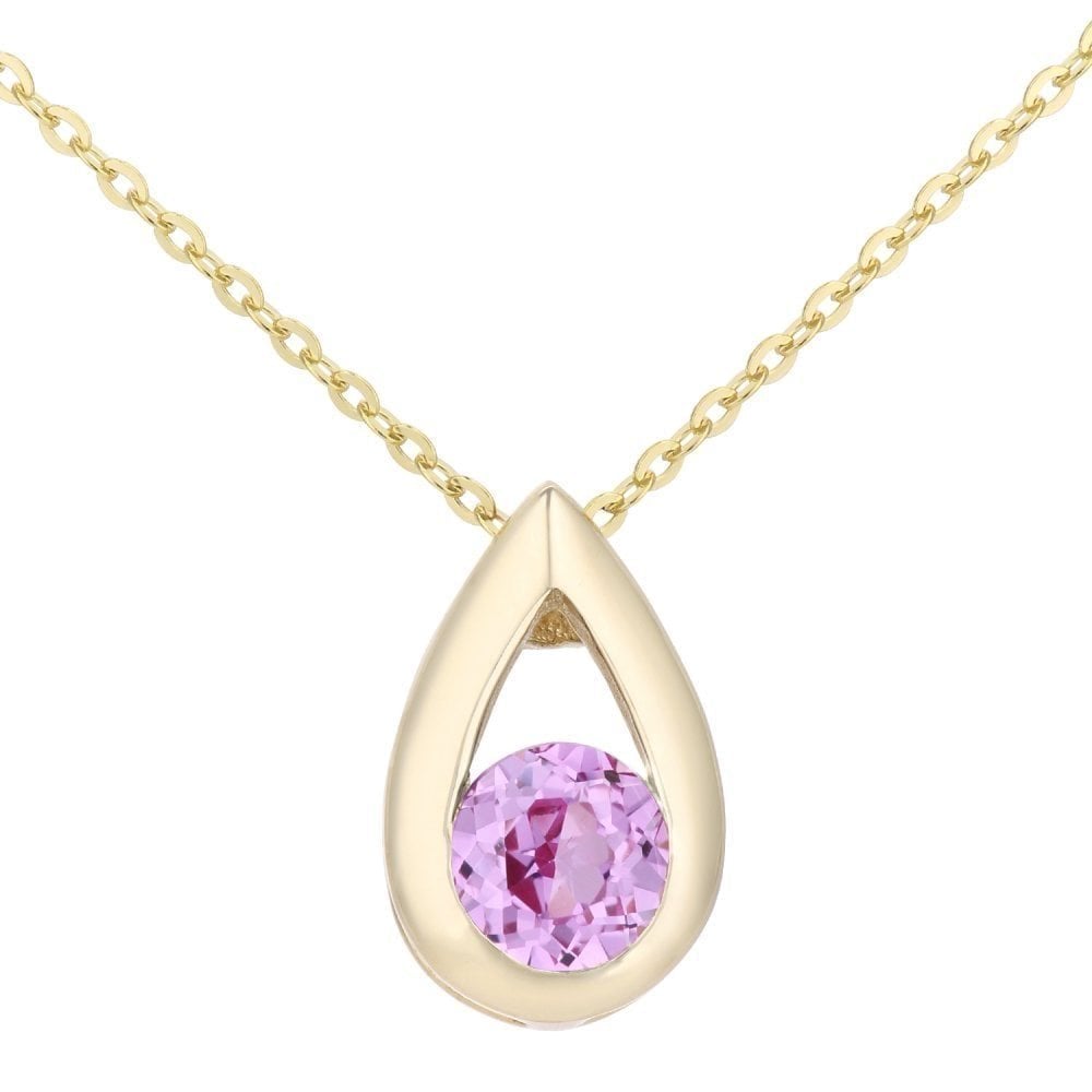 9ct Yellow Gold Created Pink Sapphire Teardrop Pendant Necklace