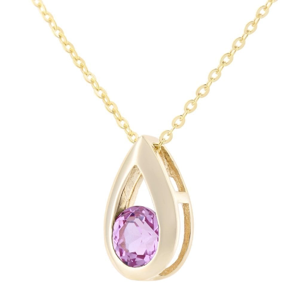 9ct Yellow Gold Created Pink Sapphire Teardrop Pendant Necklace