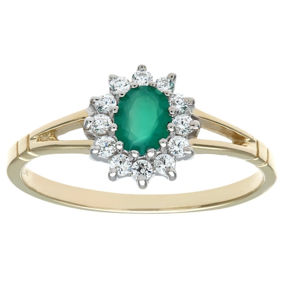 9ct Yellow and White Gold Emerald Ring in Cluster Design
