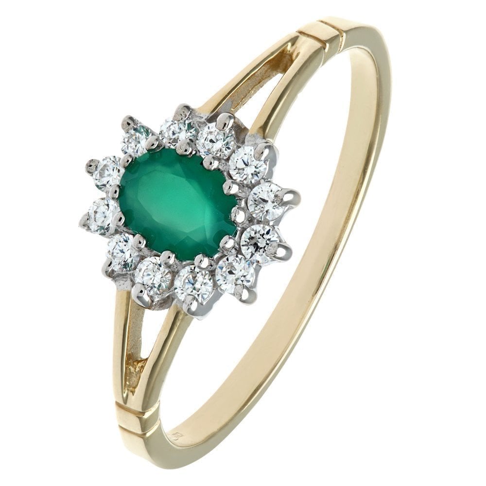9ct Yellow and White Gold Emerald Ring in Cluster Design