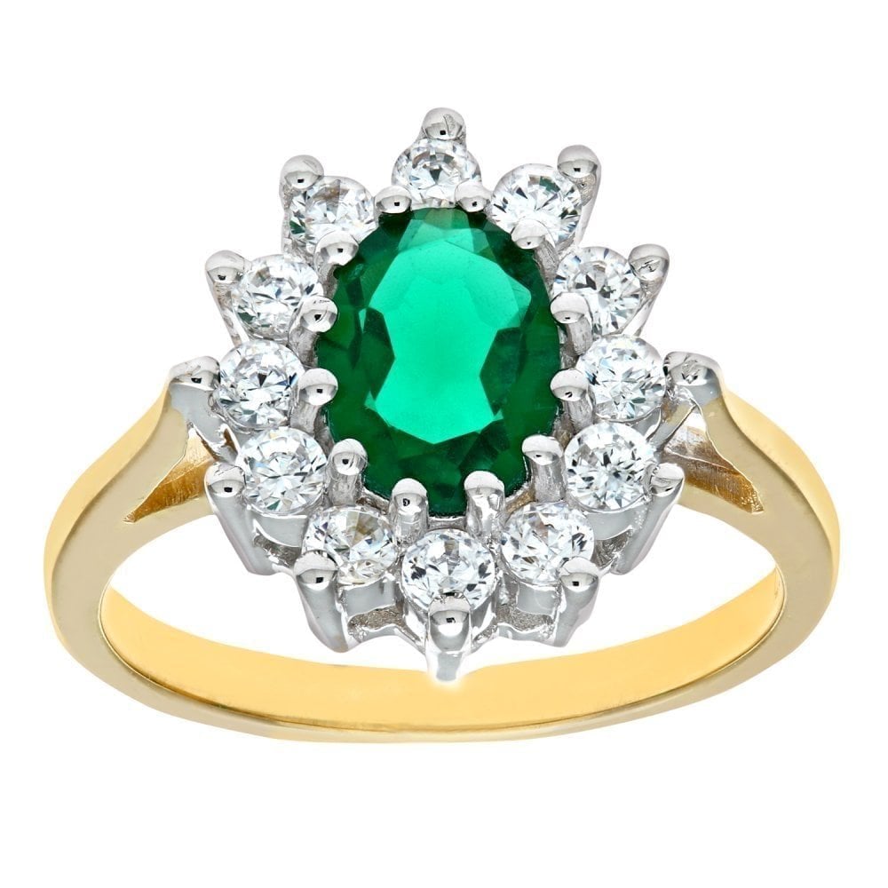 9ct Yellow Gold 2.05 ct Oval Emerald Halo Ring with Cubic Zirconia