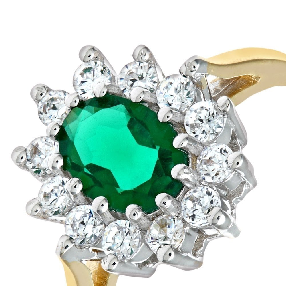 9ct Yellow Gold 2.05 ct Oval Emerald Halo Ring with Cubic Zirconia