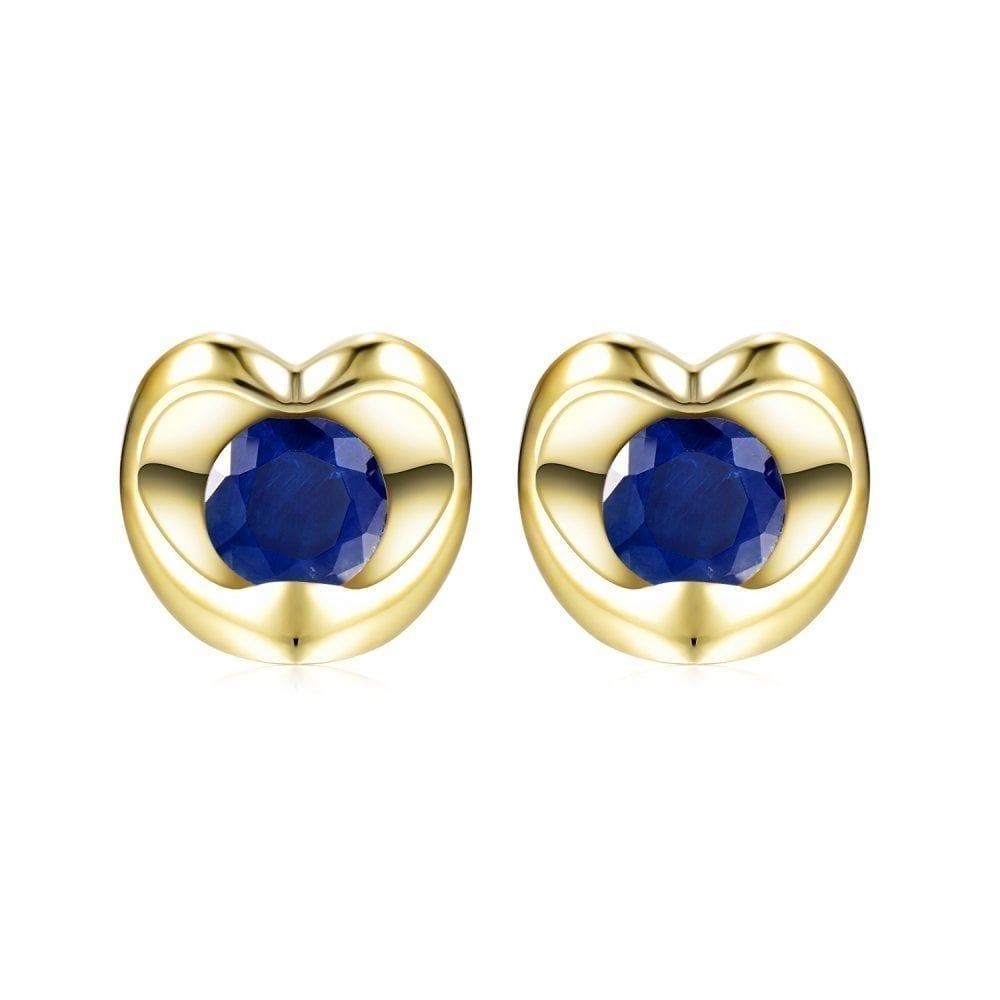 0.75 Ct Round Natural Blue Sapphire and Diamond Heart Stud Earrings in 9ct Yellow Gold
