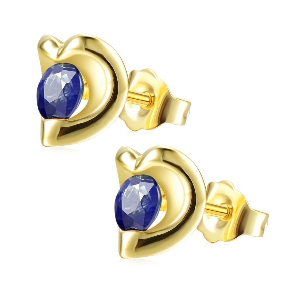 0.75 Ct Round Natural Blue Sapphire and Diamond Heart Stud Earrings in 9ct Yellow Gold