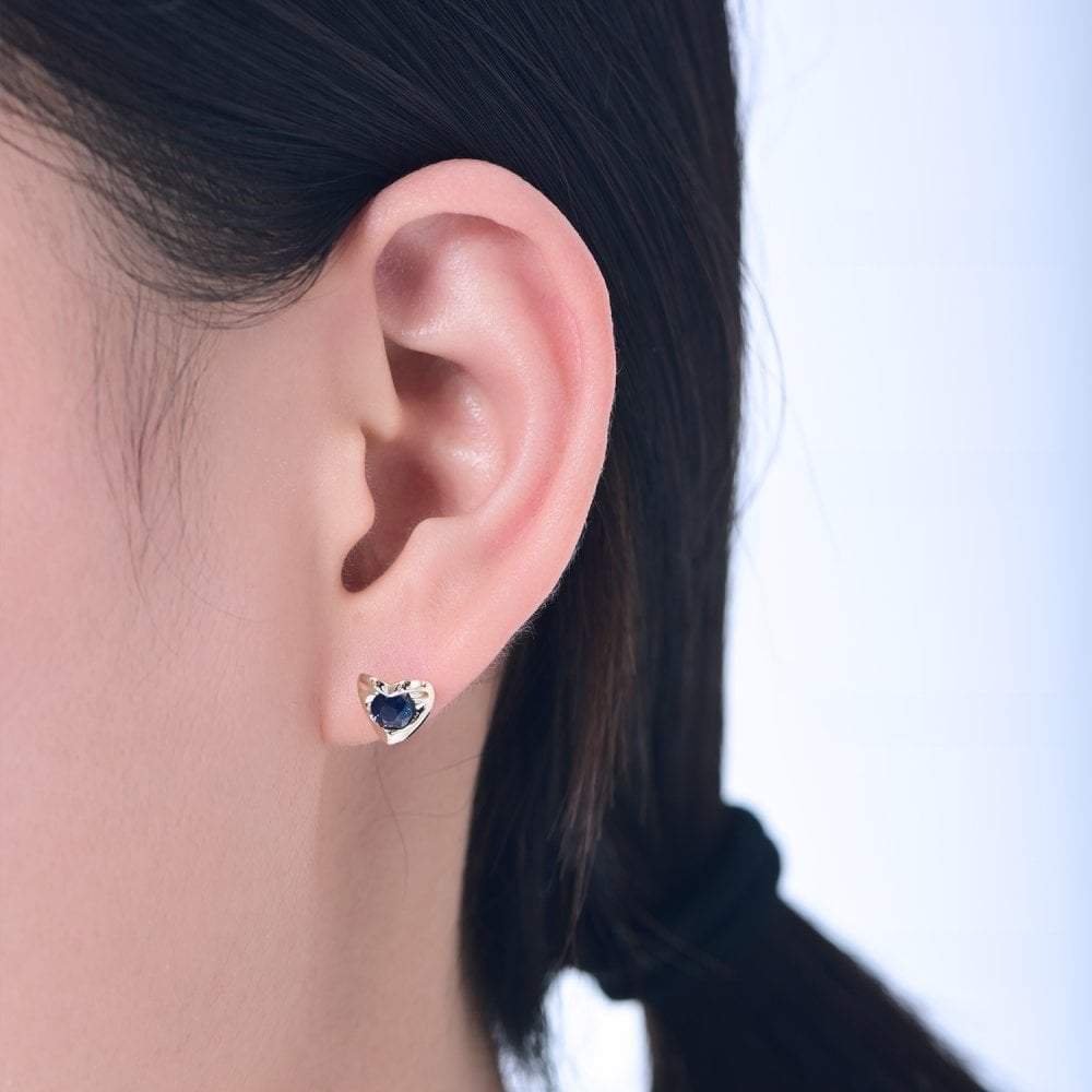 0.75 Ct Round Natural Blue Sapphire and Diamond Heart Stud Earrings in 9ct Yellow Gold