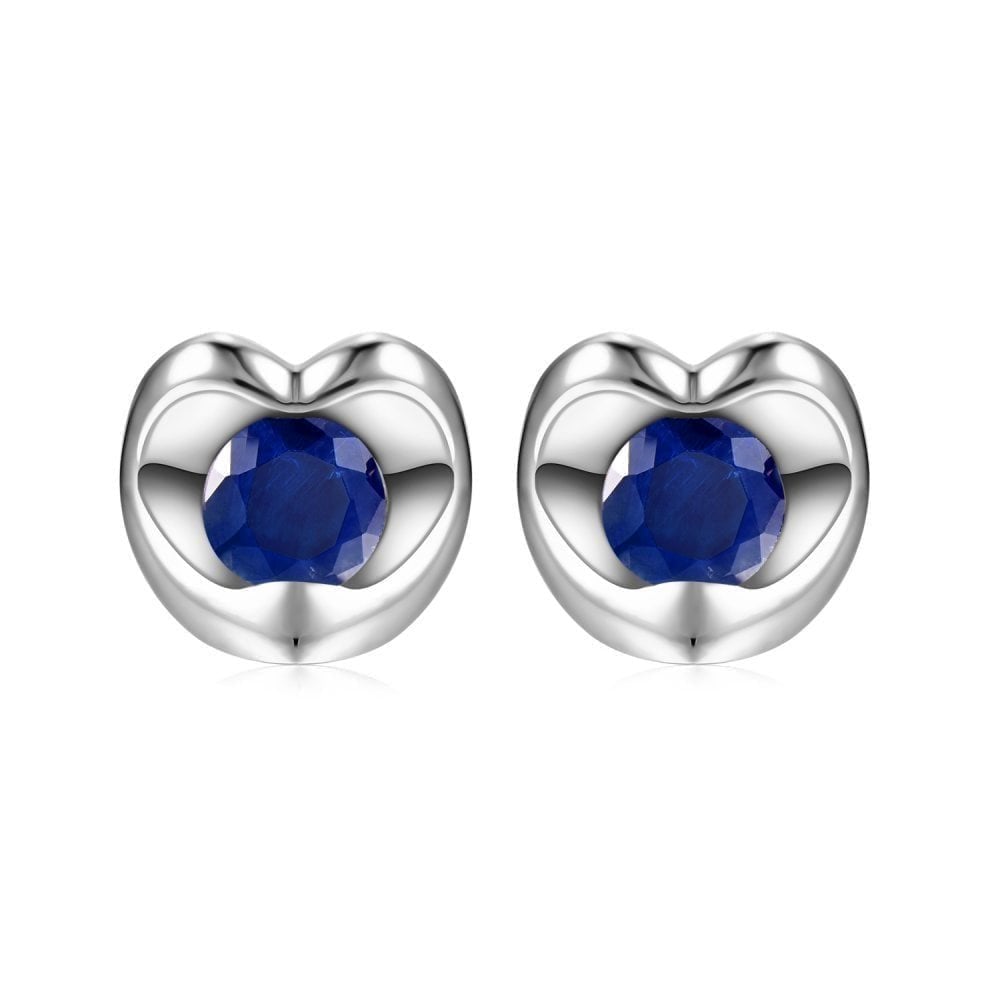 0.75 Ct Round Natural Blue Sapphire and Diamond Heart Stud Earrings in 9ct White Gold