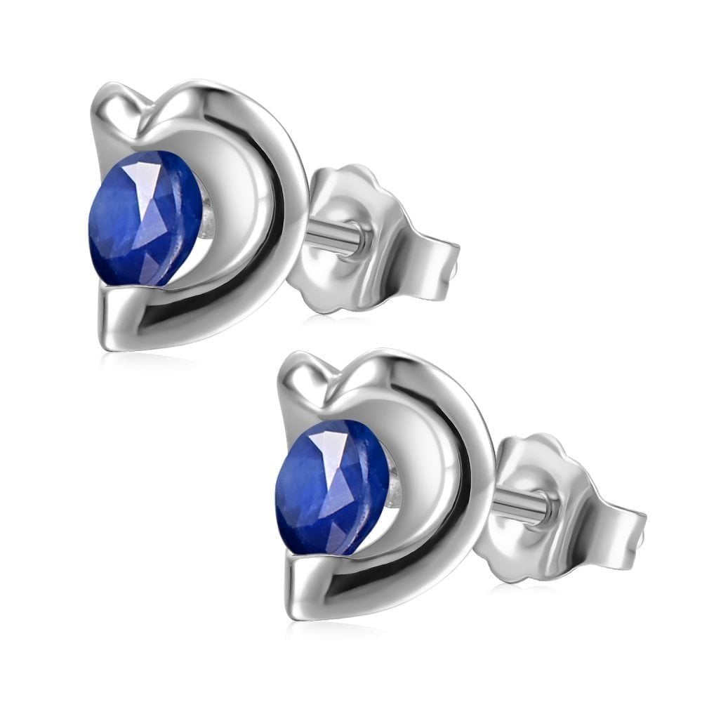 0.75 Ct Round Natural Blue Sapphire and Diamond Heart Stud Earrings in 9ct White Gold