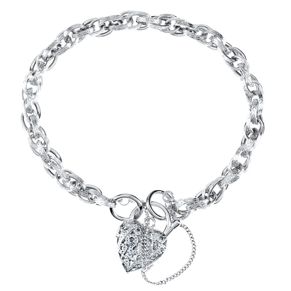 9ct White Gold Padlock Charm Bracelet with Safety Chain