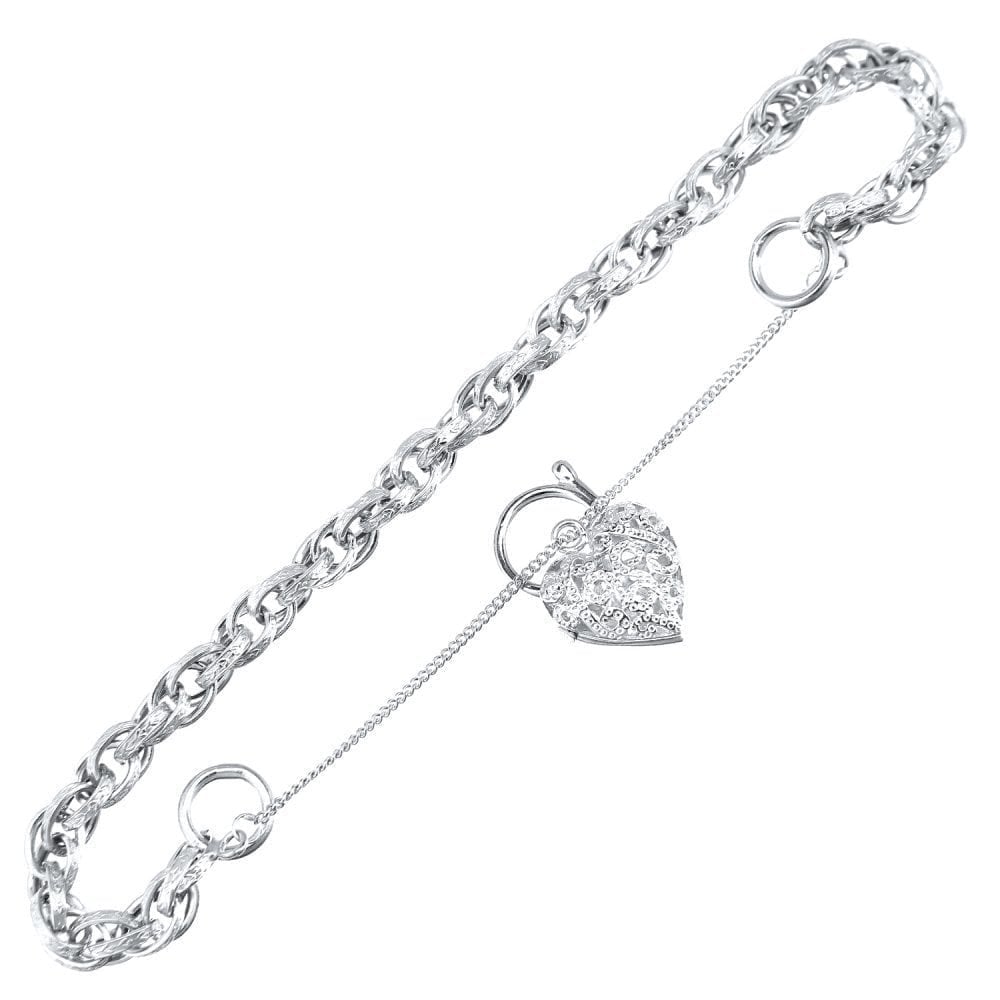 9ct White Gold Padlock Charm Bracelet with Safety Chain