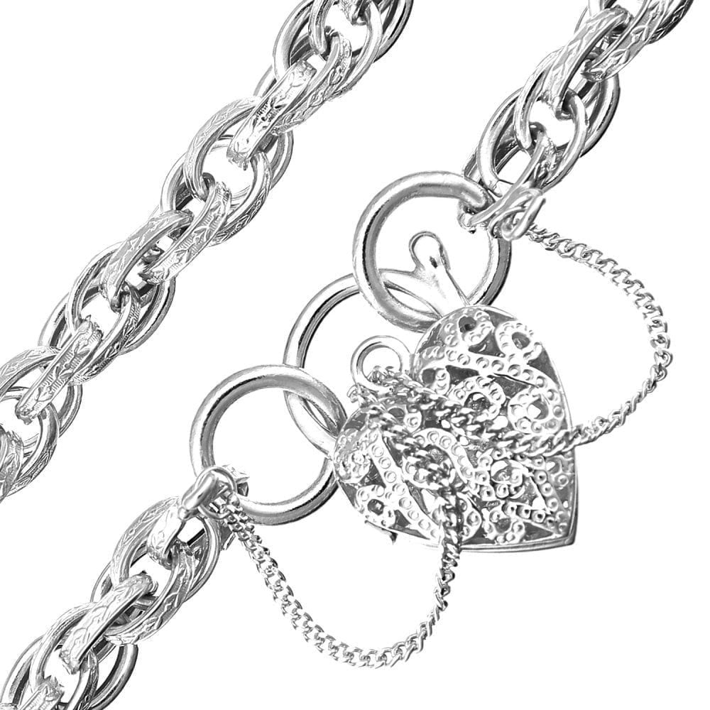 9ct White Gold Padlock Charm Bracelet with Safety Chain